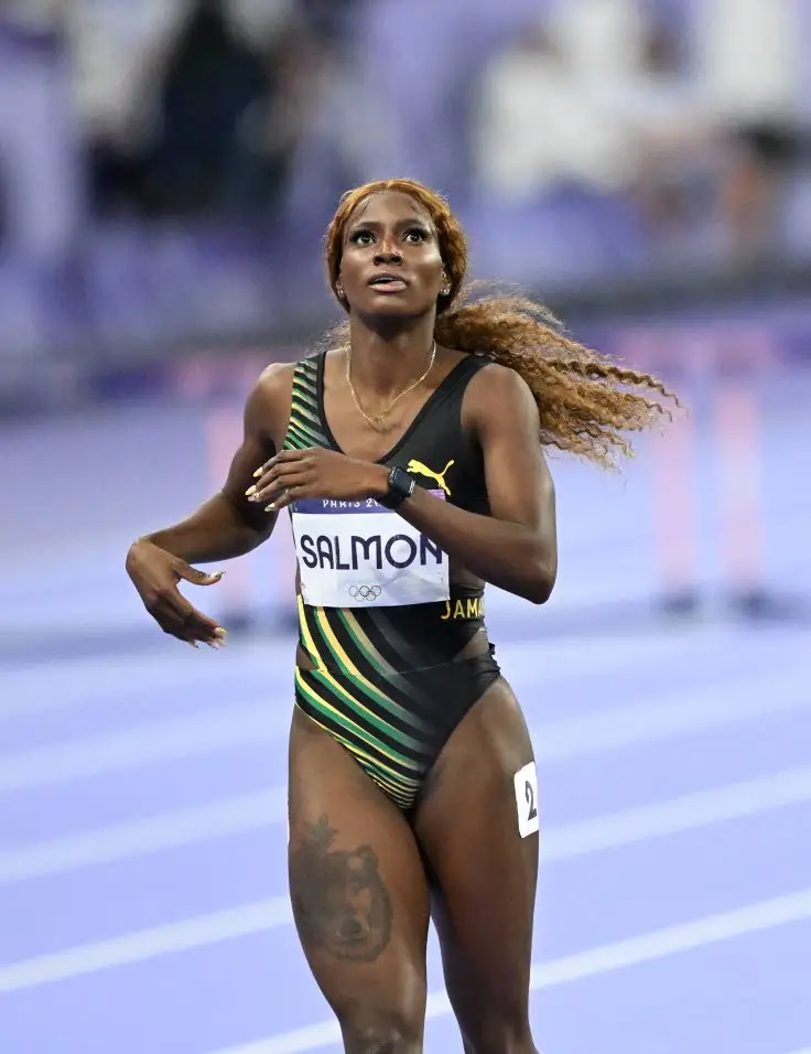 Shiann Salmon, 53.29, crosses the finish line in sixth position in the 400m hurdles final at the Paris 2024 Olympic Games.