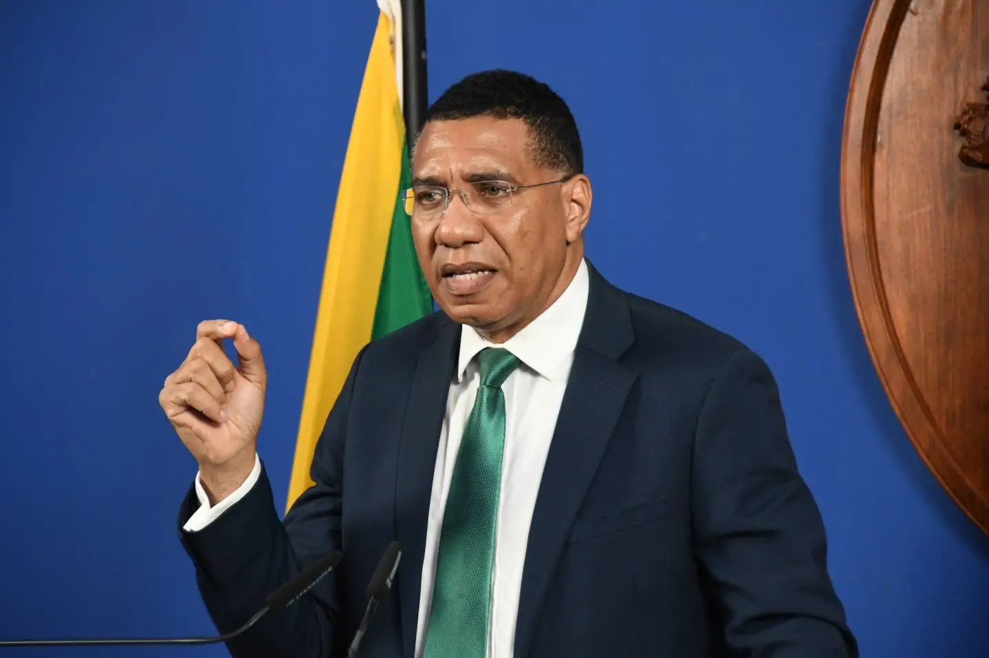 Prime Minister Andrew Holness addresses Monday’s emergency press briefing at Jamaica House in St Andrew.