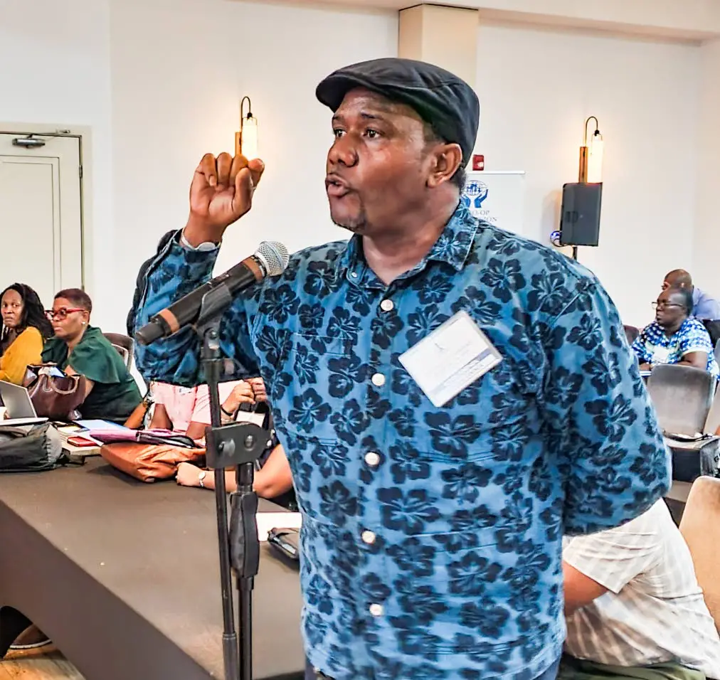 Jamaica Teachers’ Association member Rayon Simpson raises a point of order at the association’s conference on Monday.Photo: Anthony Lewis