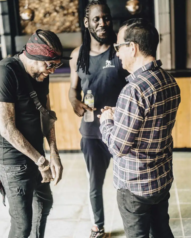 From left: Dancehall artiste Vybz Kartel shares a light moment with Cordel “Skatta” Burrell, Downsound Entertainment head of A&R and Street Promotions, and Joe Bogdanovich, CEO and founder, Downsound..