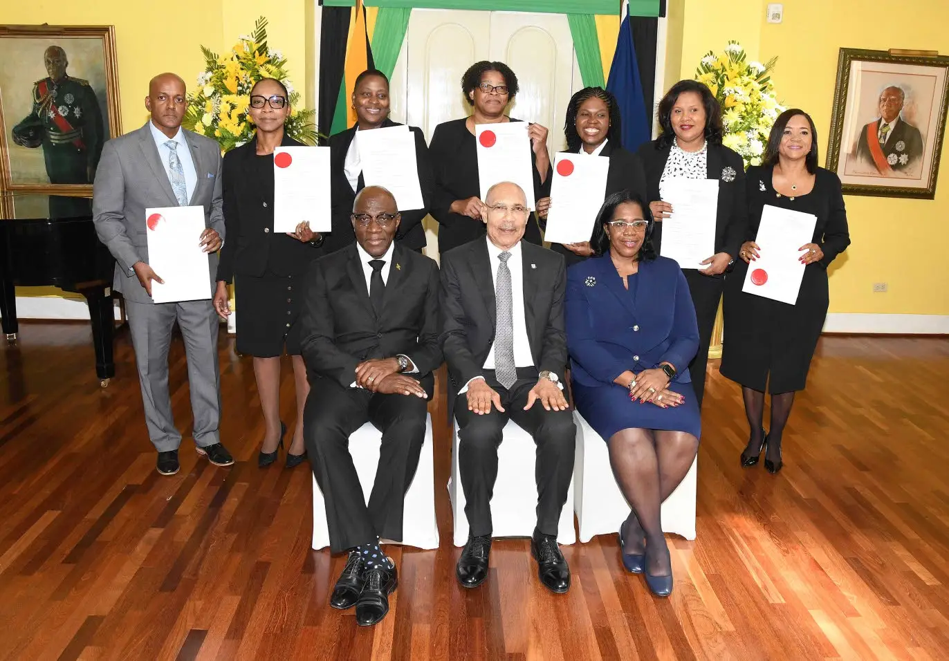 Newly sworn-in judges for the Michaelmas term (back row, from left) Justice Kissock Laing reappointed as acting judge of appeal; acting puisne judges Tracey-Ann Johnson and Opal Smith; acting judge of appeal Justice Georgina Fraser; Acting Puisne Judge Andrea Martin-Swaby, Acting Master-in-Chambers Christine McNeil, and Puisne Judge Maxine Johnson. Seated (from left) are Chief Justice Bryan Sykes, Governor General Sir Patrick Allen, and president of the Court of Appeal Justice Marva McDonald-Bishop.