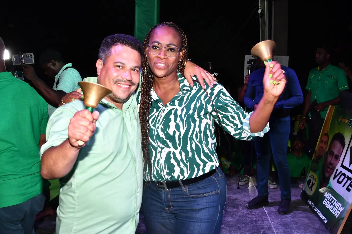 Matthew Samuda celebrates his victory in Monday’s St Ann North-Eastern parliamentary by-election in St Ann’s Bay with Juliet Holness, wife of Prime Minister Andreew Holness and the sitting Member of Parliament for St Andrew East Rural.Karl Mclarty