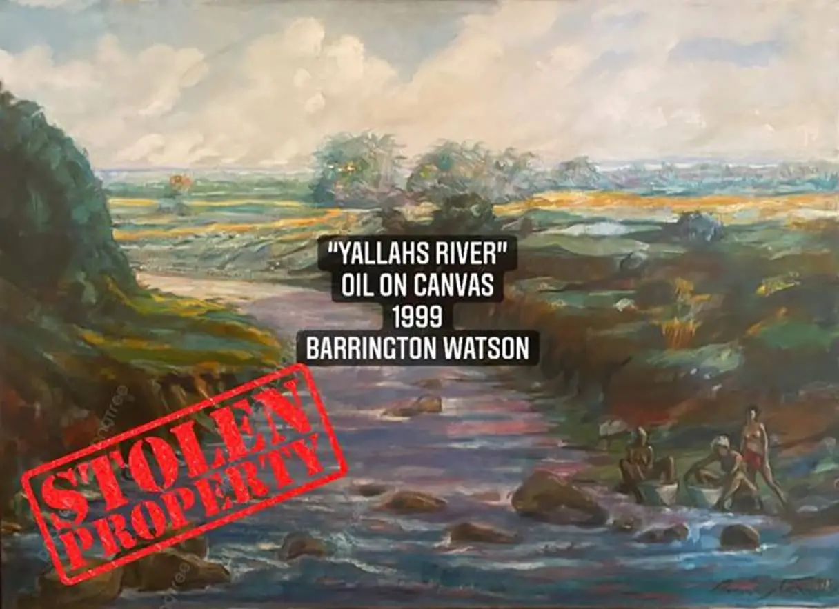 A photo of the Barrington Watson painting titled Yallahs River which was stolen last Saturday and which members of his family have stamped..